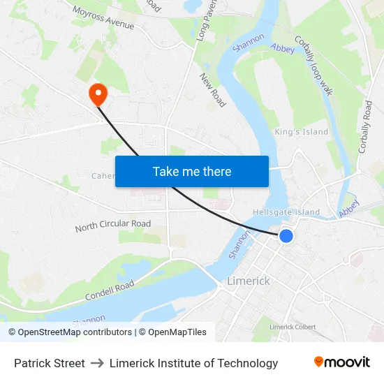 Patrick Street to Limerick Institute of Technology map