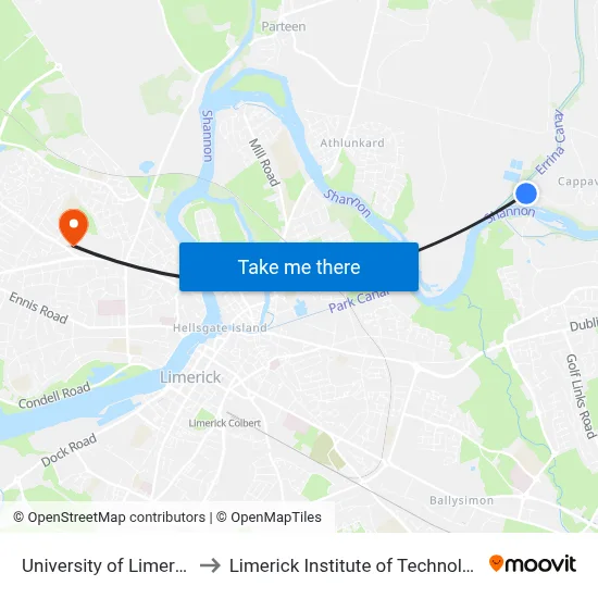 University of Limerick to Limerick Institute of Technology map