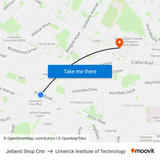 Jetland Shop Cntr to Limerick Institute of Technology map
