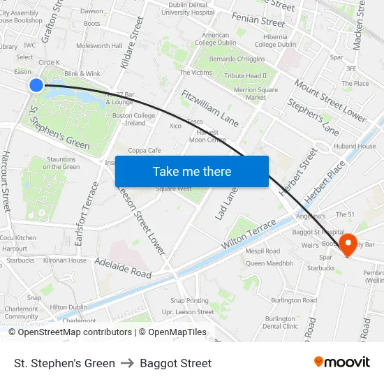 St. Stephen's Green to Baggot Street map