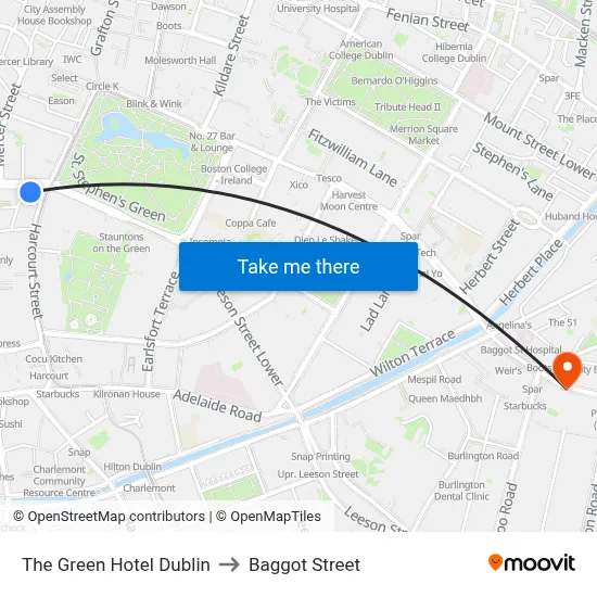 The Green Hotel Dublin to Baggot Street map
