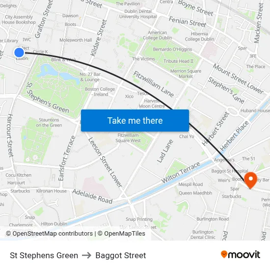 St Stephens Green to Baggot Street map