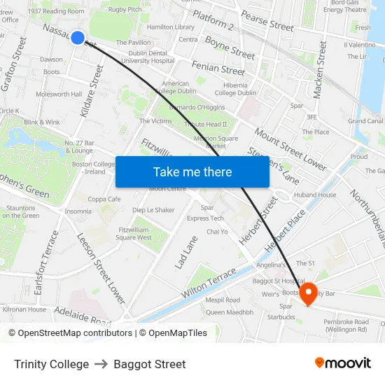 Trinity College to Baggot Street map