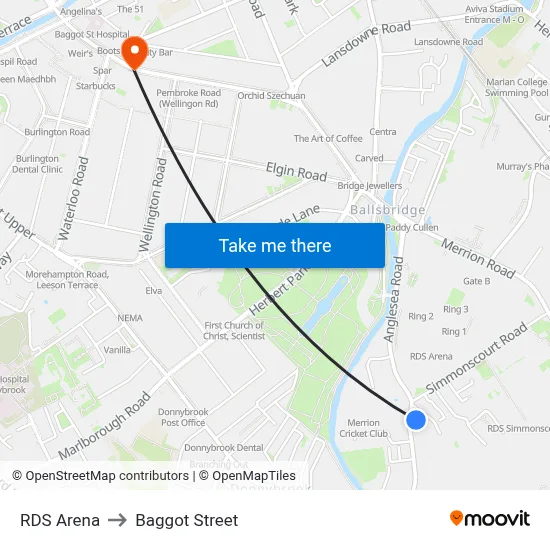 RDS Arena to Baggot Street map