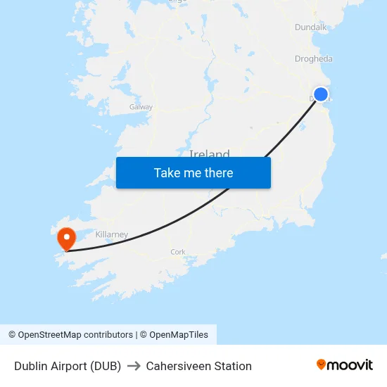 Dublin Airport (DUB) to Cahersiveen Station map