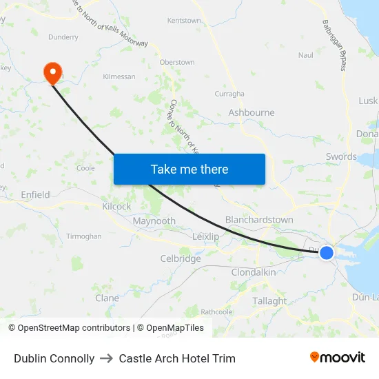 Dublin Connolly to Castle Arch Hotel Trim map