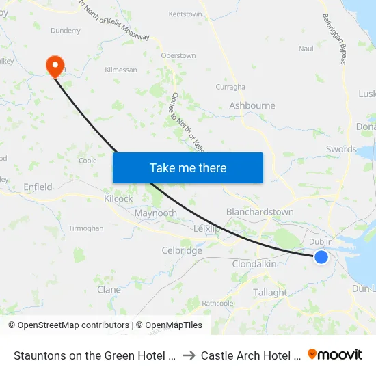 Stauntons on the Green Hotel Dublin to Castle Arch Hotel Trim map