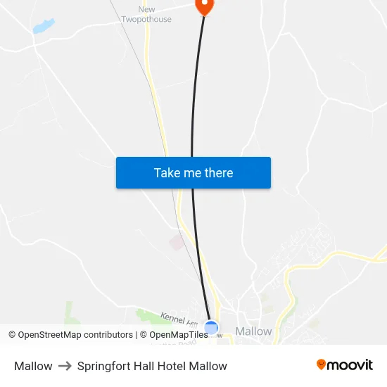 Mallow to Springfort Hall Hotel Mallow map