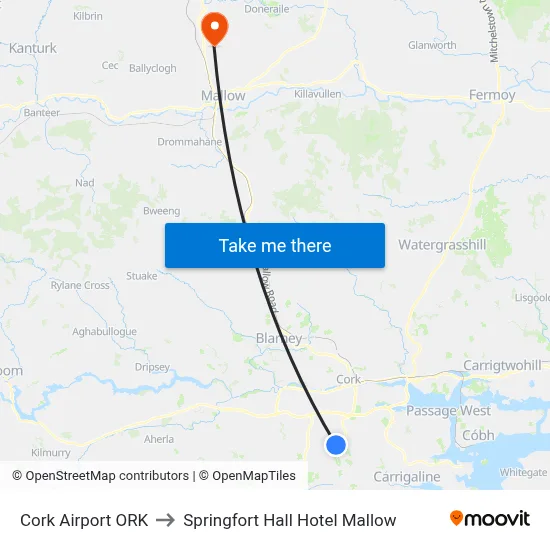 Cork Airport ORK to Springfort Hall Hotel Mallow map