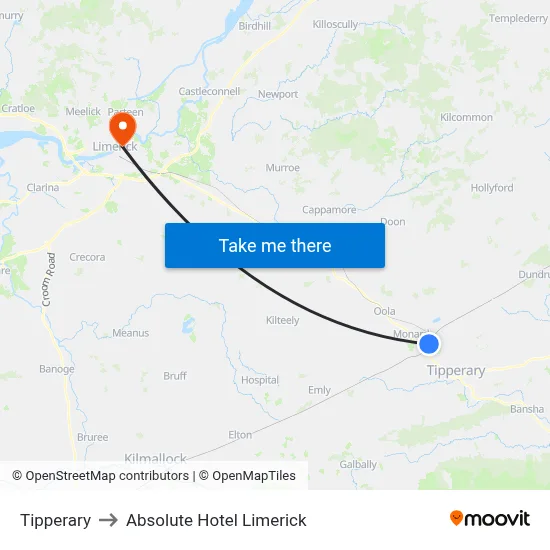 Tipperary to Absolute Hotel Limerick map