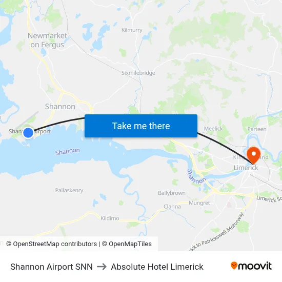 Shannon Airport SNN to Absolute Hotel Limerick map