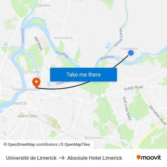 Université de Limerick to Absolute Hotel Limerick map