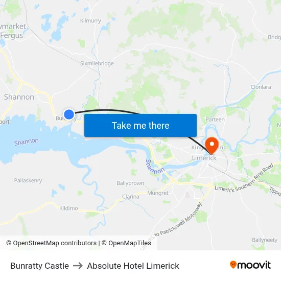 Bunratty Castle to Absolute Hotel Limerick map