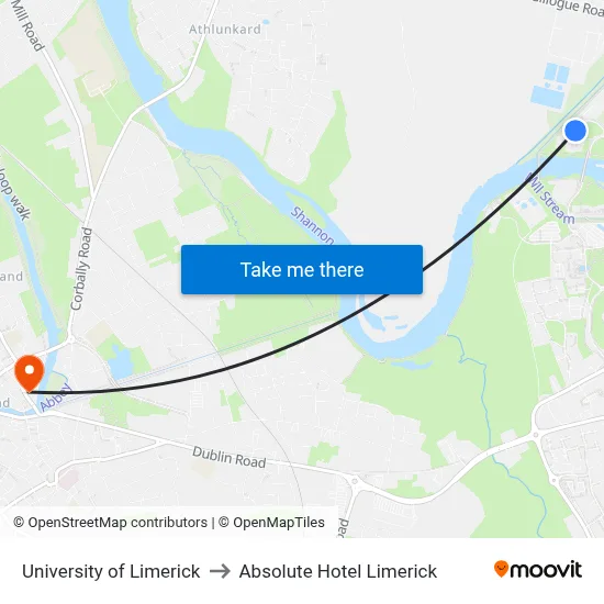 University of Limerick to Absolute Hotel Limerick map
