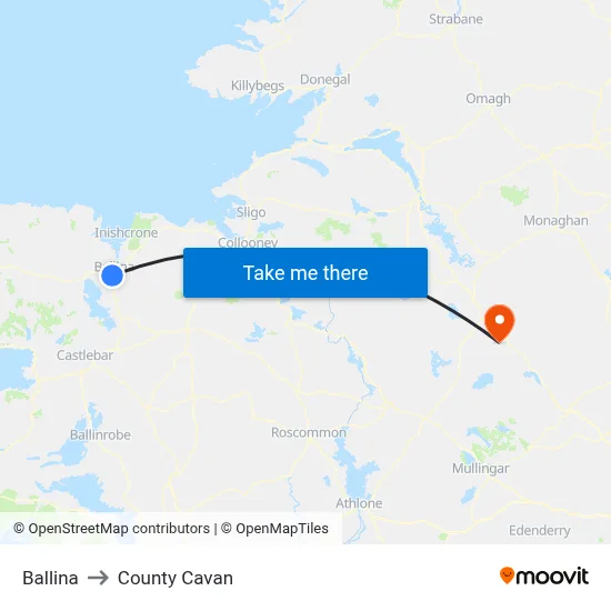 Ballina to County Cavan map