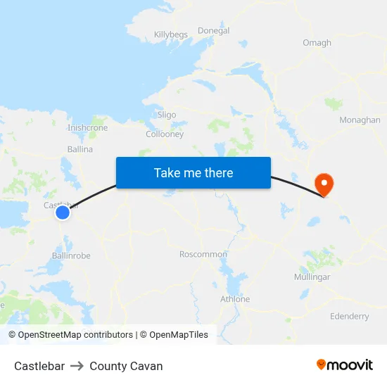 Castlebar to County Cavan map