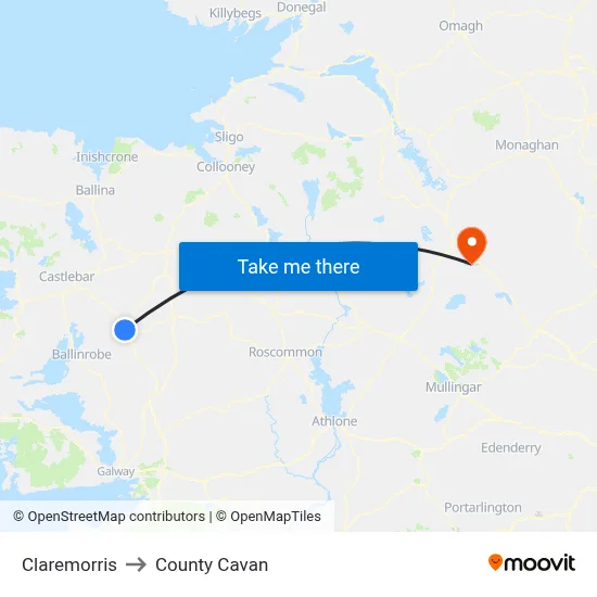 Claremorris to County Cavan map