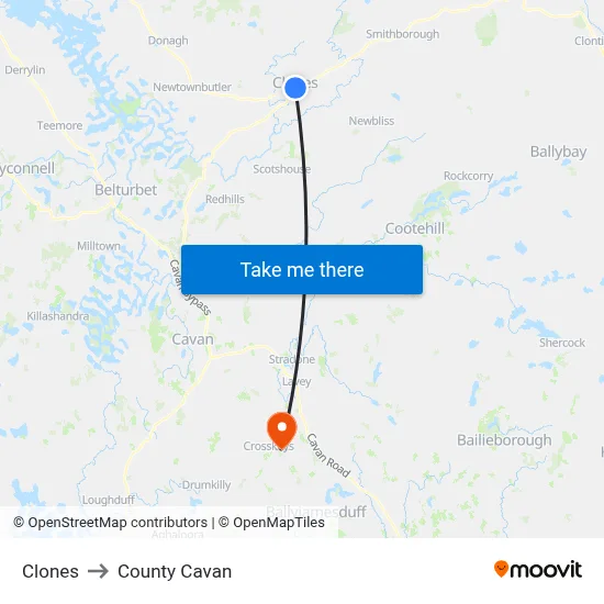 Clones to County Cavan map