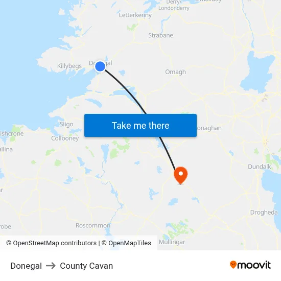 Donegal to County Cavan map