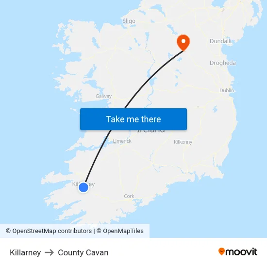 Killarney to County Cavan map