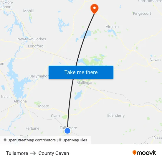 Tullamore to County Cavan map