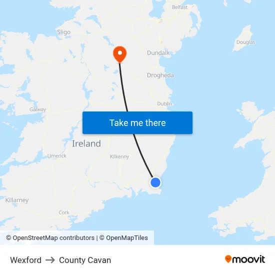 Wexford to County Cavan map