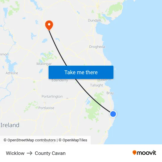 Wicklow to County Cavan map