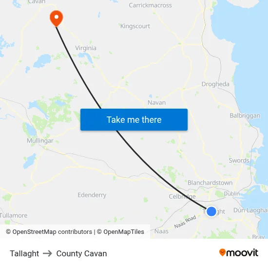 Tallaght to County Cavan map