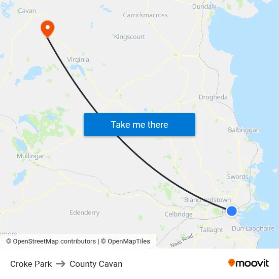 Croke Park to County Cavan map