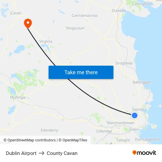 Dublin Airport to County Cavan map