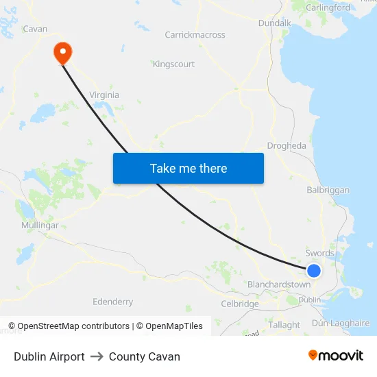 Dublin Airport to County Cavan map