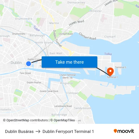 Dublin Busáras to Dublin Ferryport Terminal 1 map