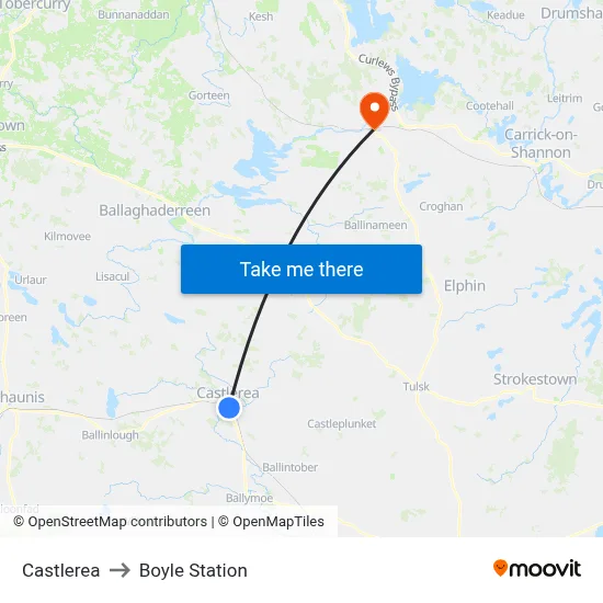 Castlerea to Boyle Station map