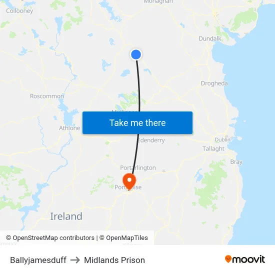 Ballyjamesduff to Midlands Prison map