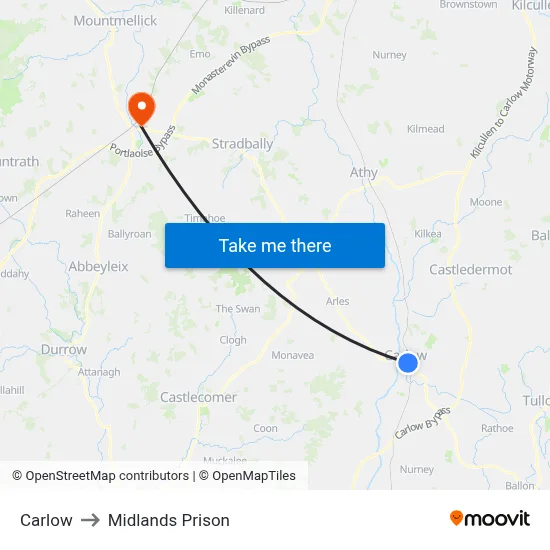 Carlow to Midlands Prison map
