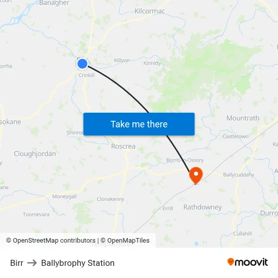 Birr to Ballybrophy Station map