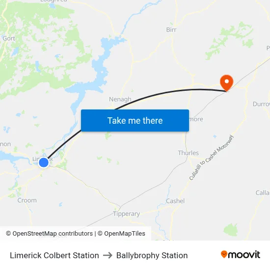 Limerick Colbert Station to Ballybrophy Station map
