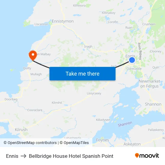 Ennis to Bellbridge House Hotel Spanish Point map