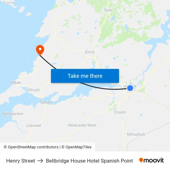 Henry Street to Bellbridge House Hotel Spanish Point map