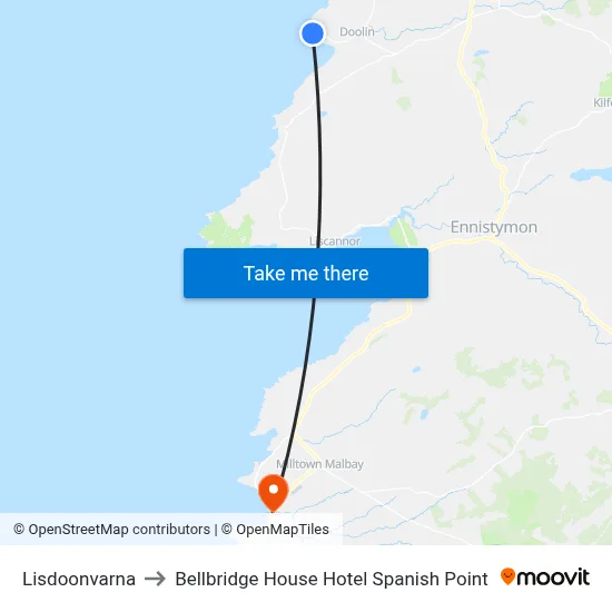 Lisdoonvarna to Bellbridge House Hotel Spanish Point map