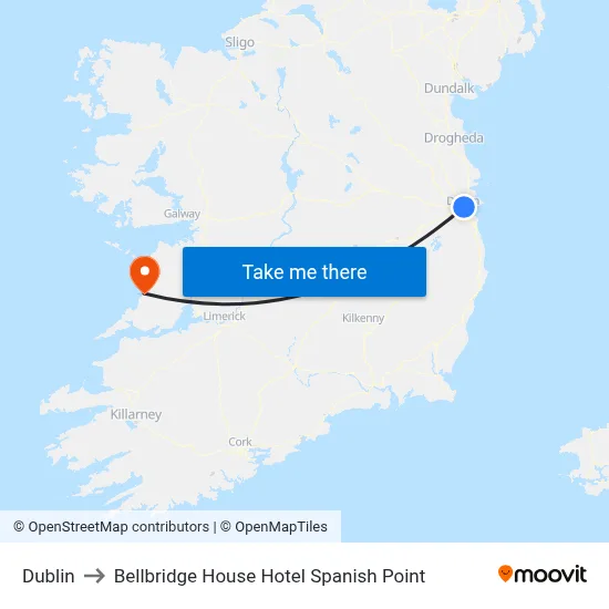 Dublin to Bellbridge House Hotel Spanish Point map