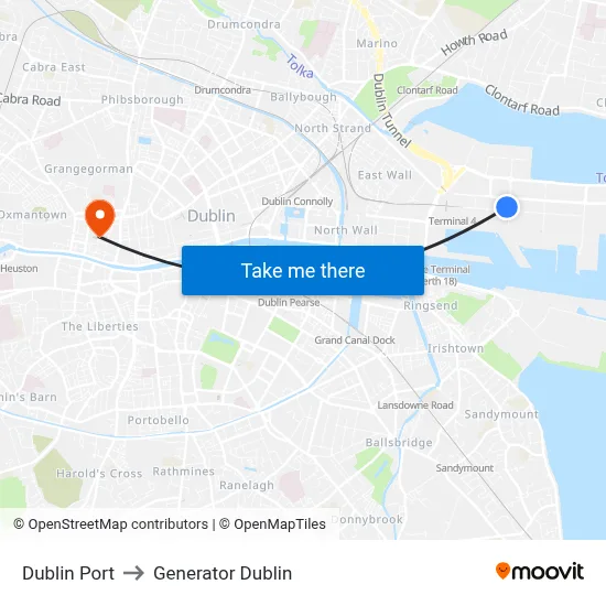 Dublin Port to Generator Dublin map