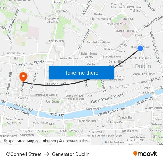 O'Connell Street to Generator Dublin map