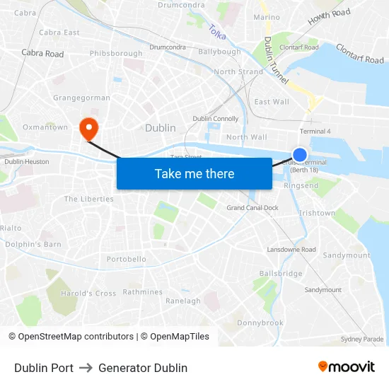 Dublin Port to Generator Dublin map