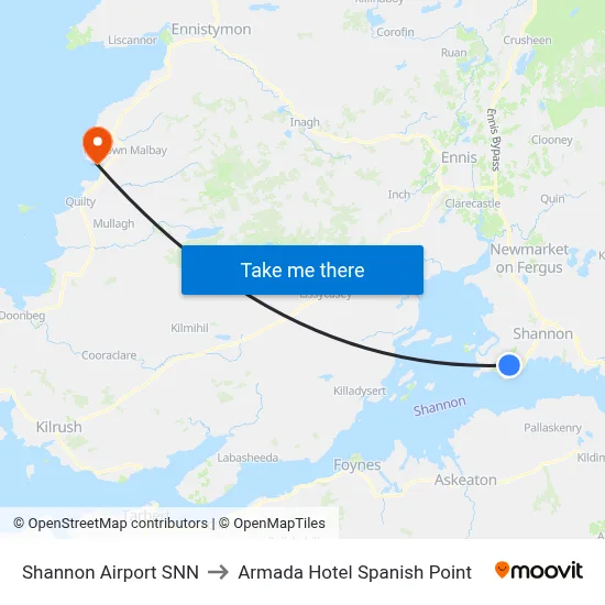 Shannon Airport SNN to Armada Hotel Spanish Point map