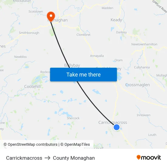 Carrickmacross to County Monaghan map