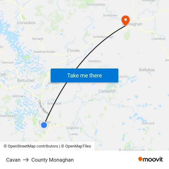 Cavan to County Monaghan map