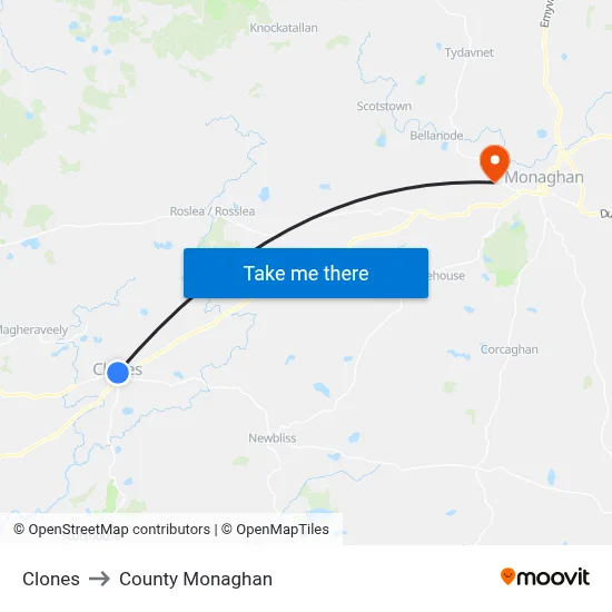 Clones to County Monaghan map
