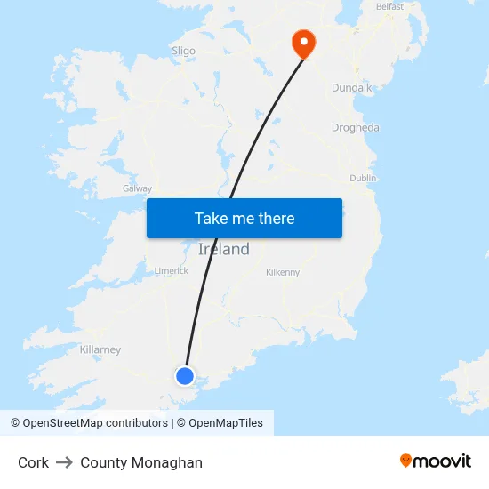 Cork to County Monaghan map