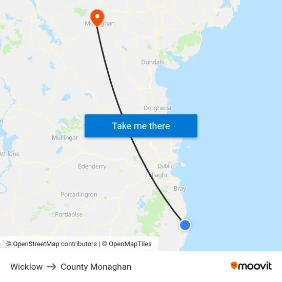 Wicklow to County Monaghan map